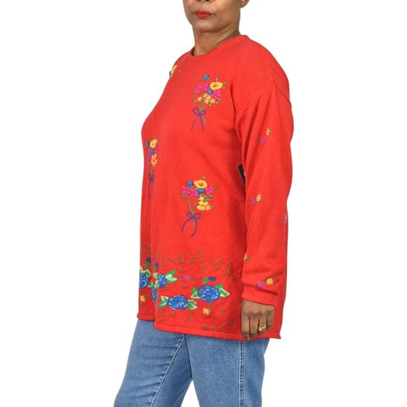 Vintage Birch Bros Eagles Eye Embroidery Sweater Red Floral Bouquet Medium Large - Picture 11 of 14